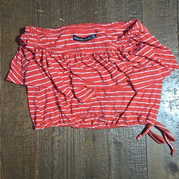 XS Abercrombie Coral and White Striped Off-Shoulder Crop Top Ruffle Y2k - Picture 1 of 1